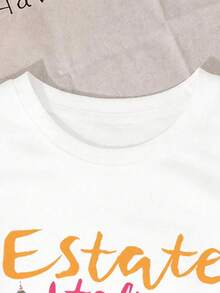 Camiseta gráfica de mujer "Estáte Italiana", casual, de cuello redondo, hombros caídos, manga corta, top de moda de verano para viajes. 6TLQ - Blanco - Ver 6