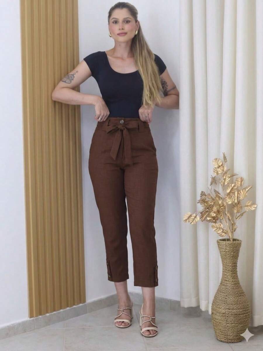 Linen Trousers With Belt, High Waist. - 鏽棕色 - 查看 1