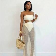 BamGlam Women's Sexy Hollow Out Fishnet Design Strapless Vacation/Date Dress - Amarillo - Ver 4