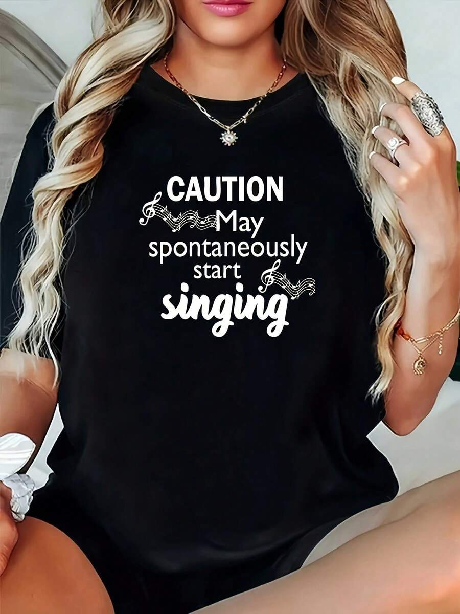 Elegante camiseta de uso diario de talla grande, con estampado de nota musical "CUIDADO, puede empezar a cantar espontáneamente", camiseta negra de manga corta y cuello redondo - lavable a máquina, adecuada para primavera, verano y otoño, estilo casual, ajuste cómodo, diseño moderno, versátil para uso diario, tela suave, estilo chic y a la moda. - Negro - Ver 1