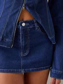 Minifalda de mezclilla ajustada de unicolor de moda de verano para mujer - Azul lavado oscuro - Ver 3