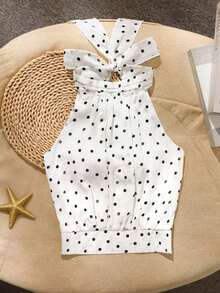 Blusa de mujer de verano, casual y elegante, con cuello de halter y corbata, de tela con textura de lunares - Blanco - Ver 5
