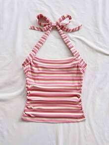 Parte superior corta ajustada con cuello de halter casual para vacaciones de mujer, verano de mujer, sin espalda, ropa de vacaciones de mujer, lunares, primavera de mujer, verano, parte superior para salir de mujer, vacaciones de mujer - Rosa - Ver 6