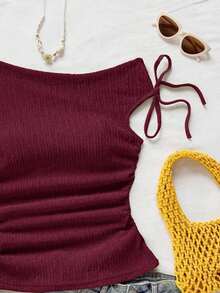 Blusa de punto con textura de burbujas de color albaricoque, con hombros asimétricos y cintura anudada, de corte ajustado, adecuada para fiesta, cita, paseo por la ciudad, viaje por carretera, playa de verano - Burdeos - Ver 7