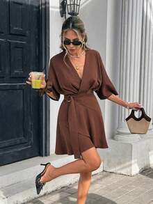 Vestido mini envolvente de unicolor con cuello en V para mujer - Albaricoque 2 - Ver 11