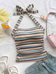 Parte superior corta ajustada con cuello de halter casual para vacaciones de mujer, verano de mujer, sin espalda, ropa de vacaciones de mujer, lunares, primavera de mujer, verano, parte superior para salir de mujer, vacaciones de mujer - Azul - Ver 3