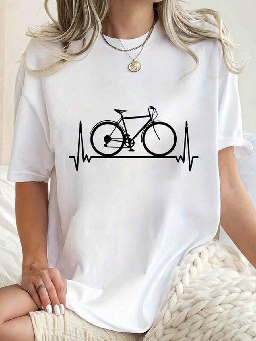 Camiseta deportiva casual de mujer con estampado creativo y drtido de ECG en forma de corazón y bicicleta, cuello redondo, manga corta, cómodara eerano y vacaciones