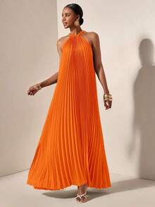 Vestido holgado de verano y primavera casual de vacaciones de cuello halter sin mangas con pliegues y bajo en A, color verde oscuro - vestido para mujer - Naranja - Ver 8