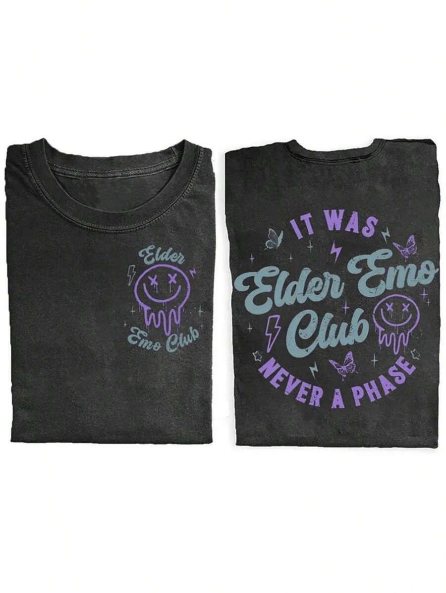 Camiseta Vintage Lavada para Mujer - Suave, de 230 g/m², de cuello redondo y manga corta, con estampado de patrón gótico emo (Diseño Old Emo Club, Murciélago y Rayo) - Camiseta ligera y cómoda para uso casual de verano, adecuada para la moda de la subcultura emo y atuendos casuales - /Morado/Pi-Transpirable y Amigable con la Piel - Negro 1 - Ver 1
