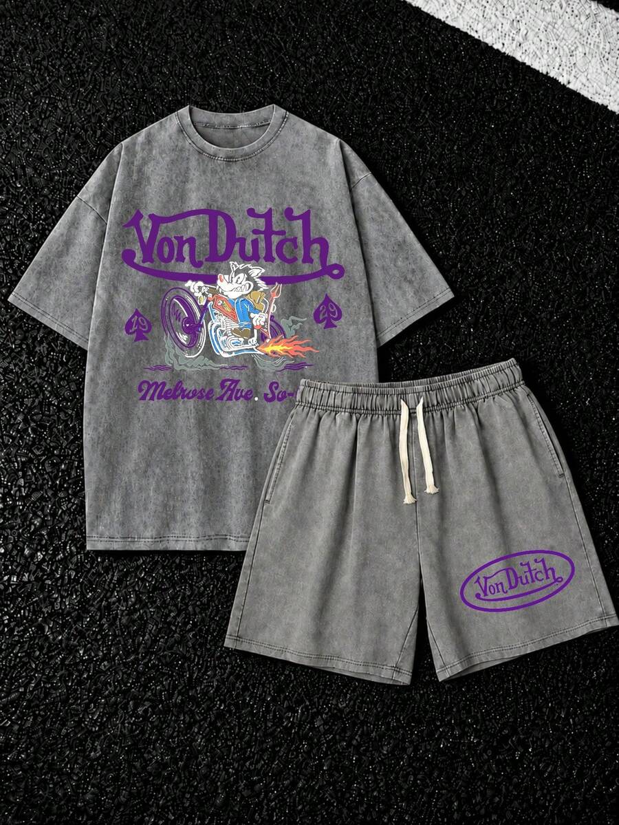Conjunto de camiseta y pantalón corto de algodón puro lavado con estampado holandés Vonn. Suave y cómodo. Perfecto para el día a día, actividades al aire libre, fitness y viajes. Resistente a la suciedad. Fácil de limpiar. Fácil de poner y quitar. Moderno y versátil. Regalo ideal para familiares y amigos. Textura de alta calidad. - Gris - Ver 1