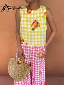 Starfisch glänzende Boho-Stil Damen Casual Trägertop - Patchwork Karomuster & Mango Digital Muster 2-teiliges Set, geeignet für Frühling/Sommer Urlaub Elegant - Verschiedenfarbig - Übersicht 3