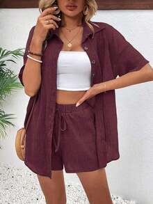 Conjunto de 2 piezas con blusa de manga corta de cuello de botones y shorts con lazo delantero, sencillo, para mujer - Rosa Roja - Ver 7