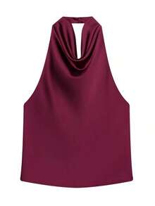 Camiseta sin espalda de satén negro para mujer, Camiseta de tirantes para playa de verano para mujer, Camiseta de tirantes finos con hombros descubiertos de color rosa para mujer - Rosa Roja - Ver 3