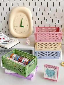 1pc Large Foldable Plastic Storage Basket, Desktop Foldable Storage Box, Student Stationery Organizer Shelf, Sundries Cosmetic Storage Basket, Stackable Small Basket - Multicolor - View 3