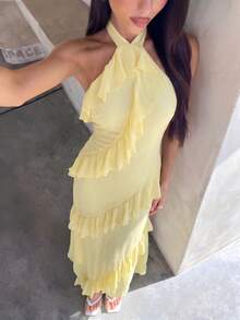Đầm nữ kiểu dáng gợi cảm, cổ bèo bất đối xứng, màu vàng nhạt trơn, thanh lịch, quyến rũ, lưng xuyên thấu, gấu đầm xếp ly bèo nhún, nhiều lớp, thích hợp cho buổi hẹn hò tối, đi biển, đám cưới, tiệc tùng mùa hè. - Vàng nhạt - Xem 2