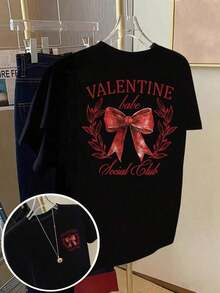 Plus Size T-Shirts For Women - Loose Off Shoulder T-Shirt, Casual Short Sleeve T-Shirts, Short Sleeve Printed T-Shirt With Designs On Front And Back - Valentine's Day, Heart Shaped Bow - Spring/Summer Printed T-Shirt For Women, Fashionable Item, Versatile And Casual, Breathable And Comfortable. - 黑色 - 查看 11