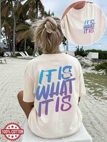 Gift Women's Blouses [Double-Sided Print] Women's Summer Casual Loose Fit Top With Gradient Graffiti Lettering 'IT IS WHAT' Print, Round Neck, Short Sleeve, Drop Shoulder, Oversized T-Shirt [1] Gym Y2k Round Neck 100% Cotton Soft Fabric Short Sleeve - 杏 - 查看 7