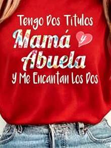Camiseta Gráfica "Mamá y Abuela" con Texto Floral para Mujer, Casual de Manga Corta - Rojo - Ver 1