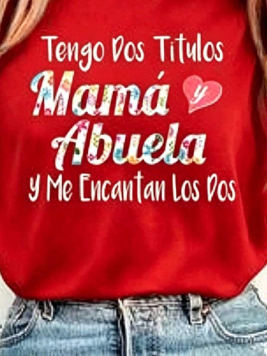 Camiseta Gráfica "Mamá y Abuela" con Texto Floral para Mujer, Casual de Manga Corta - Rojo - Ver 1