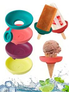 1个硅胶冰淇淋支架，冰淇淋蛋筒支架，夏季冰棒支架，防滴漏冰淇淋蛋筒支架，便携式冰棒模具托盘，冰棒滴水收集器，可重复使用冰淇淋托盘，适合夏季、生日派对、返校季、聚会、户外活动 - 彩色 - 查看 2