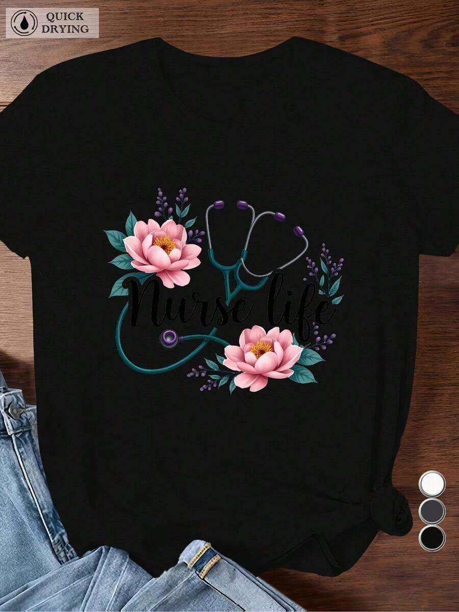 Oferta por tiempo limitado, compra limitada, flash oferta,blusas para dama casuales,poleras mujer,playeras de mujer>algodon,blusas>elegante,Camiseta deportiva de manga corta para mujer, estampado floral - Nurse Life - Negro - Ver 1