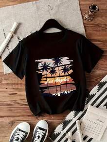 1 pieza de camiseta casual de manga corta con cuello redondo para mujer, de la serie deportiva de moda, con estampado de palmeras y atardecer en la playa, 100% algodón.ropa de calor mujer - Negro - Ver 7