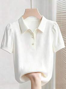 Camiseta casual romántica de unicolor y elegante estilo de ciudad para mujeres - Blanco - Ver 3