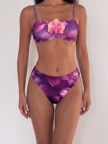 Conjunto de traje de baño de 3 piezas con falda de volantes de múltiples capas con decoración floral romántica misteriosa de color púrpura, de última moda para primavera/verano 2026 para mujer - Multicolor - Ver 5