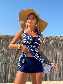 Swim Lushoire Conjunto de falda y shorts de baño de verano para mujer con estampado tropical de plantas para vacaciones en la playa - Blanco - Ver 12