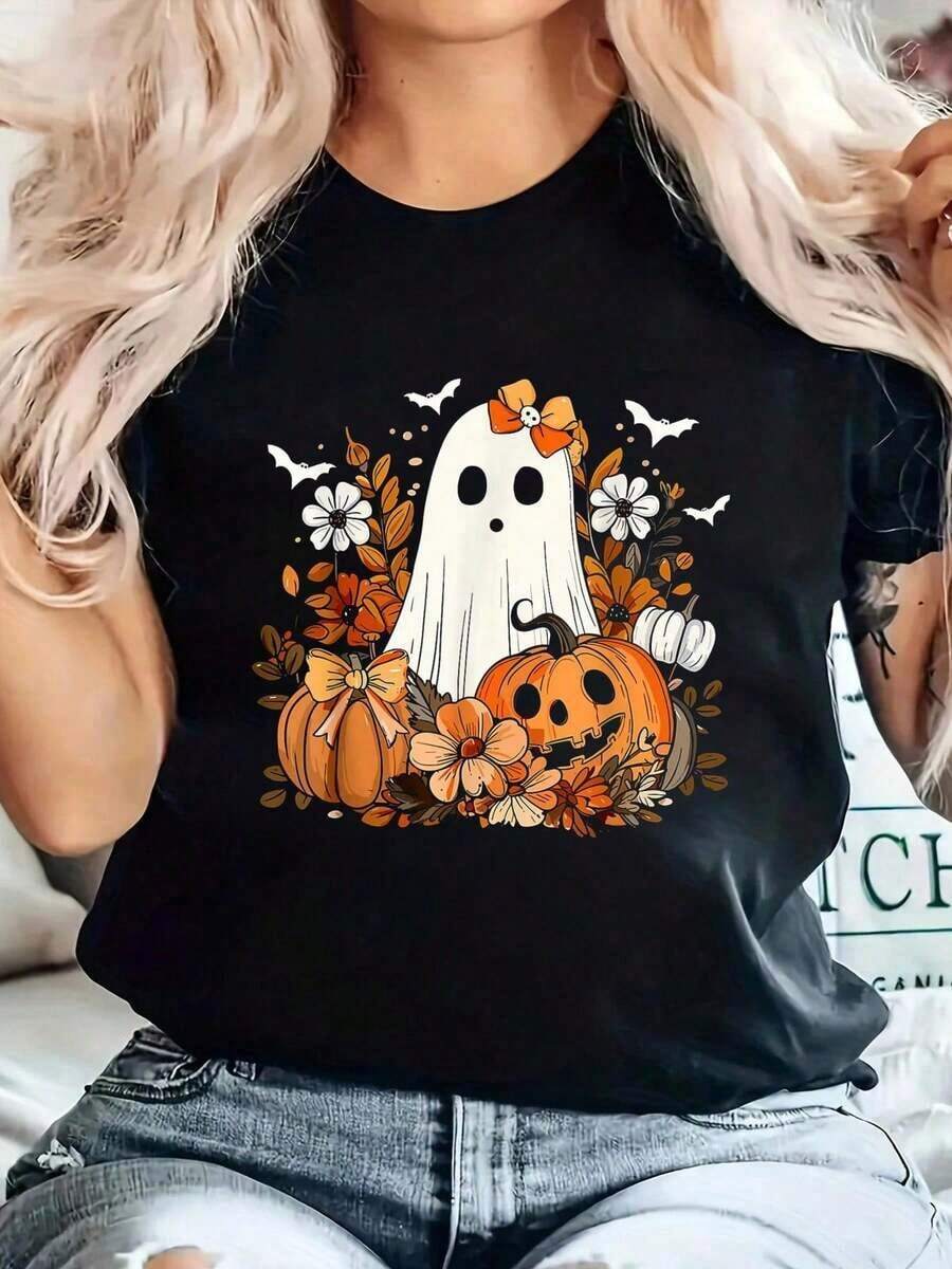 Camiseta de Algodón 100% con Estampado Floral Retro de Fantasmas y Calabazas para Niños, Otoño, Halloween, Talla Grande para Mujer, Suave, Corte Relajado, Clásica y Cómoda, Holgada, Casual y Versátil, Estilo Y2k - Blanco - Ver 1