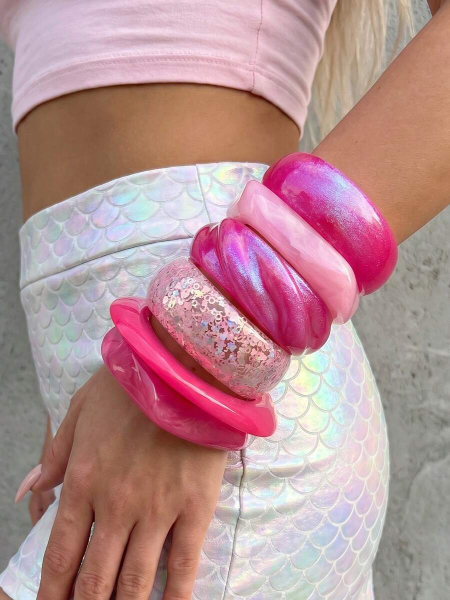 NAIZHU 1/6pcs European And American Exaggerated Asymmetrical Geometric Resin Bracelet, Suitable For Daily Wear, Dates, Parties, Vacations, Valentine's Day, Mother's Day Gifts - Hot Pink - View 1