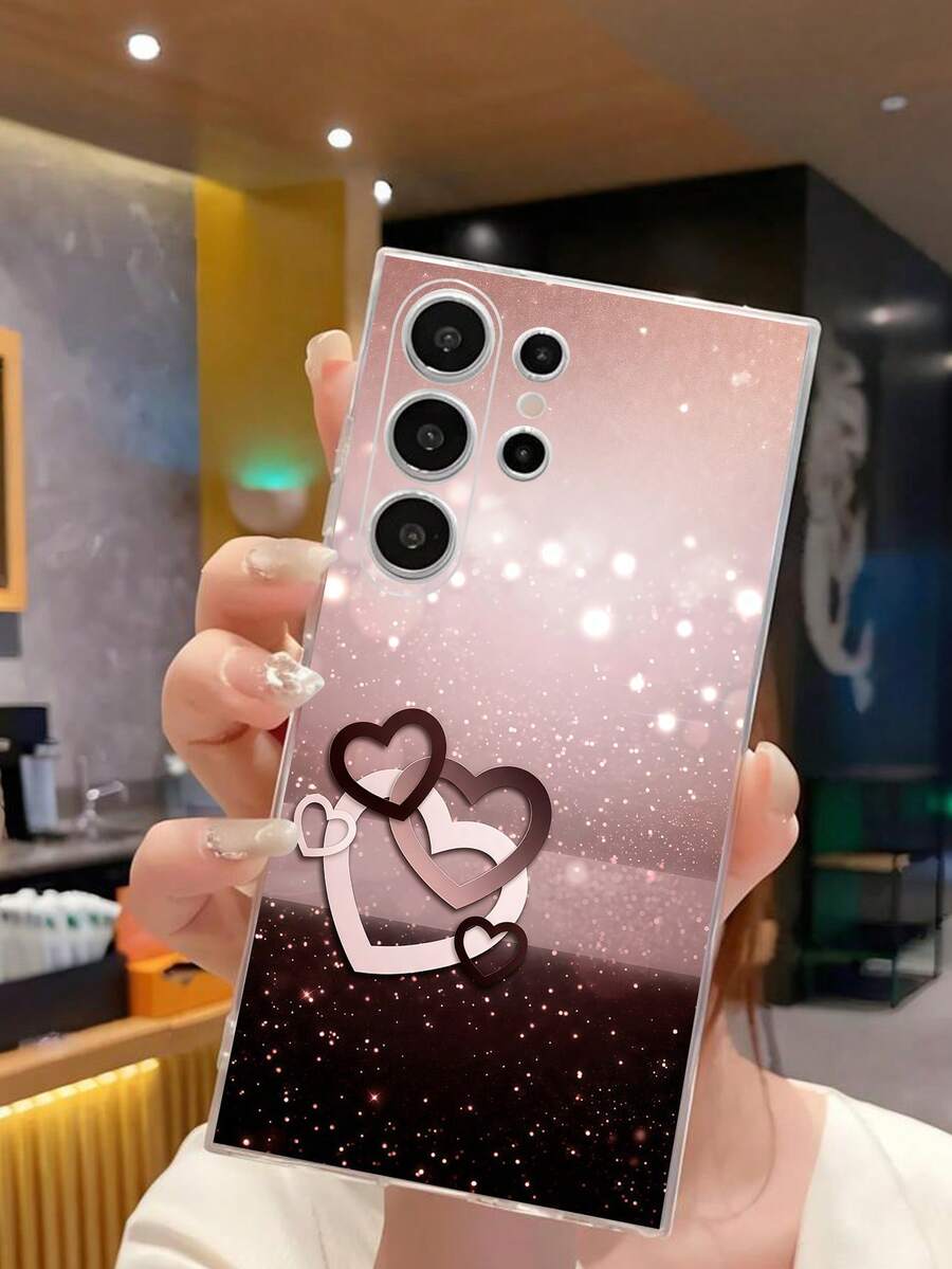1件時尚高端多心形手機殼 透明軟殼保護套 適用於 Galaxy A04e/12/A13/A14/A34/A50/A52/A53/A54/S21/S22/S23/S24/S25/S25Ultra,此圖案為平面印刷,非莫桑鑽 - 無色 - 查看 1