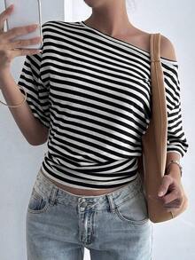 Blusa holgada y casual de mujer con rayas y parches, cuello oblicuo y manga corta, elegante estilo callejero para primavera, verano y otoño - Blanco y Negro 2 - Ver 9