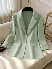 Clasi Chaqueta ligera de estilo casual de negocios para mujer, con cuello de solapa, apta para el lugar de trabajo, de unicolor, para primavera/otoño - Verde Oliva 2 - Ver 1