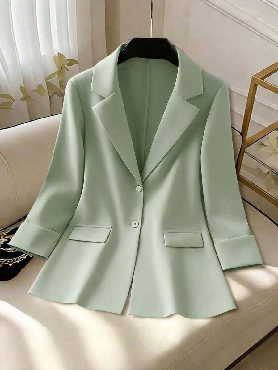 Clasi Chaqueta ligera de estilo casual de negocios para mujer, con cuello de solapa, apta para el lugar de trabajo, de unicolor, para primavera/otoño - Verde Oliva 2 - Ver 1