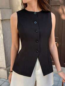 Blusa sin mangas de unicolor casual para mujer, adecuada para el transporte en verano - Negro - Ver 7