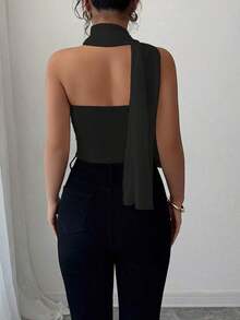 Elegante top de camisola plisada con bufanda de malla para mujeres - Negro - Ver 2