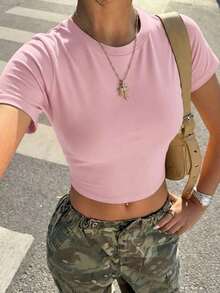 Camiseta de mujer de verano nueva, de corte casual y ajustado, con cuello redondo y manga corta.Blusa de moda apta para uso diario y vacaciones.Camiseta de mujer. - Rosa Pálido - Ver 3