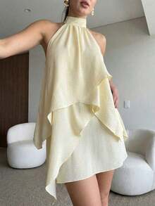 Vestido de satén de línea A con escote halter y espalda descubierta de unicolor amarillo/crema, adecuado para primavera/verano, vacaciones, playa, invitada elegante de boda, fiestas, ocasiones de otoño/invierno, Navidad elegante, Halloween - Amarillo - Ver 6