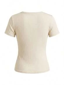 Camiseta de mujer de unicolor con cuello asimétrico, fruncida y de manga corta ajustada - Caqui - Ver 2