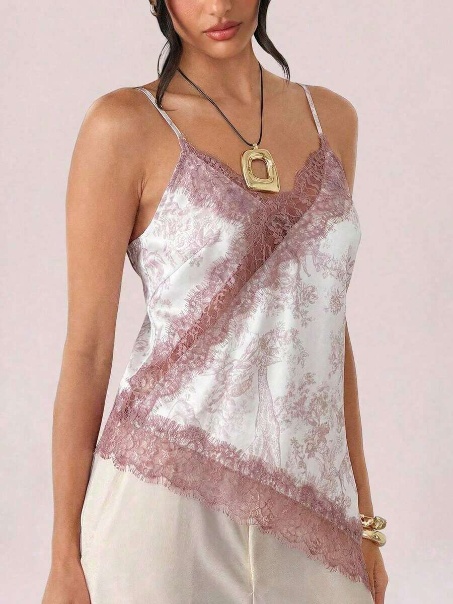 Camiseta de tirantes asimétrica con entramado de encaje transparente - Multicolor 2 - Ver 1