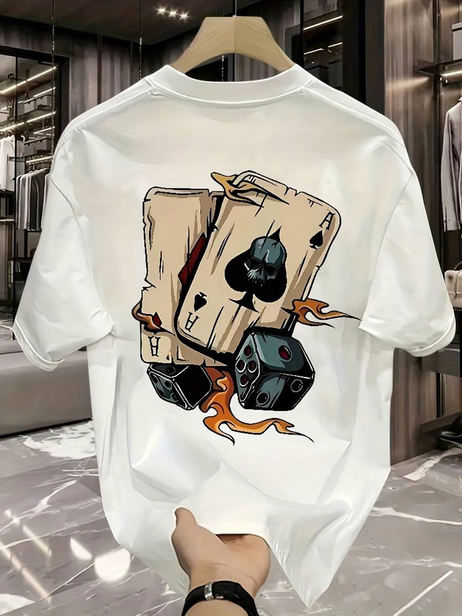 A Long, Loose-Fitting, Short-Sleeved Shirt With A Unique Playing Card Pattern, Perfect For A Y2K Summer Casual Style. - White - View 1