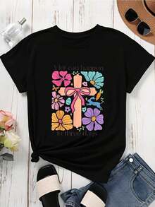 CasualEast Women's Short Sleeve T-Shirt With Cross Design And Christian Easter Theme, Modern And Casual, Round Neck And Loose Fit. - 黑色 - 查看 4