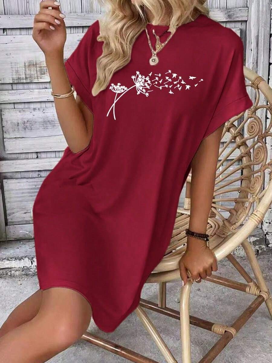 Vestido de mujer con bolsillos estampado diente de león Ropa casual suelta para el verano - Burdeos - Ver 1