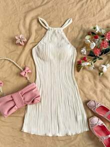 Vestido mini ajustado de unicolor con cuello anudado y plisado - Albaricoque - Ver 5