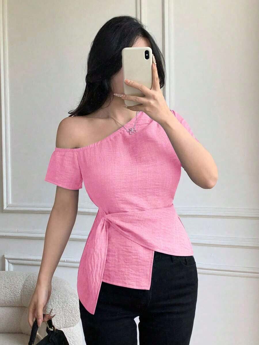 Blusa casual elegante de hombros con nudo, de corte slim para mujeres - Rosa - Ver 1