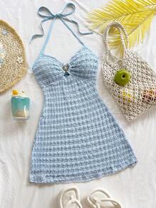 Vestido mini con textura, escote en V, decoración de estrella de mar metálica, cuello con lazo, espalda descubierta, ideal para vacaciones, citas, té de la tarde, días festivos, festivales de música, estilo bohemio - Azul 2 - Ver 7
