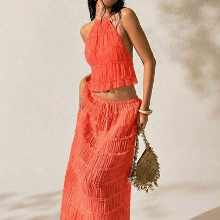 Women's Vacation Outdoor Romantic Halter Backless Low Waist Skirt Set Beach Skirt Set Summer Skirt And Top Set Summer 2 Piece Sets Woman Beach 2 Piece Set 2 Piece Skirt Set - Naranja Quemada - Ver 1