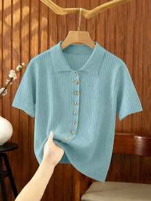 Nueva Camisa Polo Casual de Verano, Holgada, Versátil, Minimalista, Elegante y Suave, Adecuada para Oficina, Trabajo, Viajes Diarios, Diseño con Botones Metálicos, Corte Ajustado, Discreta, Unisex, Cárdigan Extremadamente Sencillo para Mujer - Azul menta - Ver 6