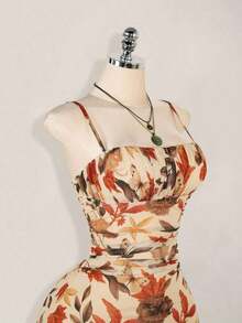Vestido mini plisado con estampado de hoja de arce vintage para mujer, adecuado para vacaciones de verano y ropa de vuelta al colegio - Multicolor 5 - Ver 7